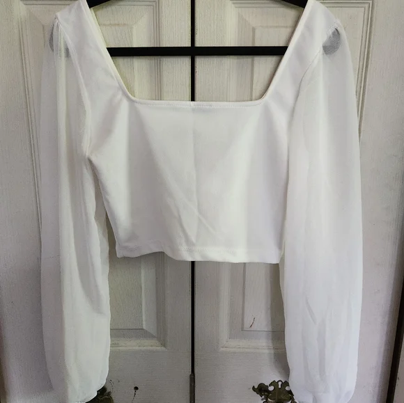 Womens Elegant White Sheer Sleeve Crop Top - Picture 9 of 10